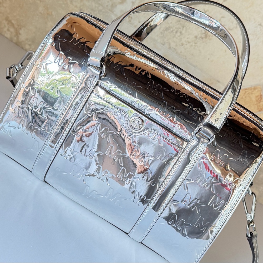 Michael Kors Travel MD Mirror Metallic Shoulder Duffle Bag MK Silver - Picture 2 of 13